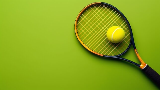 A tennis racket and tennis ball on a green background, banner with space for text