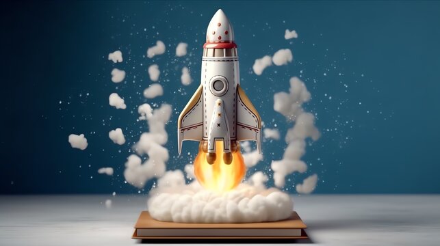 Rocket launches from a book, knowledge and education concept