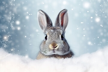 A rabbit sitting in the snow looking at the camera. Generative AI.