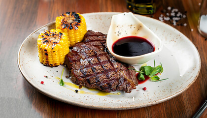 grilled beef steak with corn and balsamic sauce restaurant serving