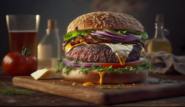 Juicy hamburger on a wooden board. AI generated