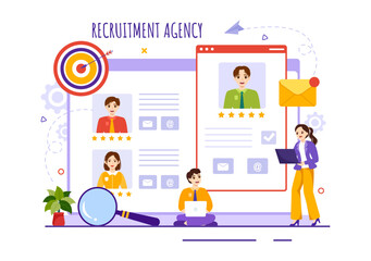 Obraz na płótnie Canvas Recruitment Agency Vector Illustration with Managers Searching Candidate for Job Position in Flat Cartoon Hand Drawn Background Templates