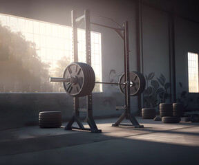 Gym for bench press. Barbell. Realistic 3d rendering of fitness equipment banners. Healthy lifestyle. Generated AI