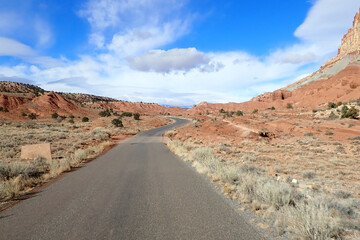 Road through colorful sandstone rock formations at Capitol Reef National Park, Utah, USA