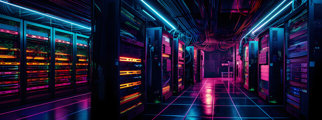 Fototapeta premium Data center with server racks, 3D concept illustration of information technology, cyber network,visualization of the future of technology storage cloud, neon data center, cloud system, colorful neon, 