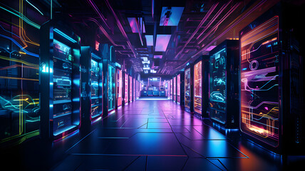 Data center with server racks, 3D concept illustration of information technology, cyber network,visualization of the future of technology storage cloud, neon data center, cloud system, colorful neon, 