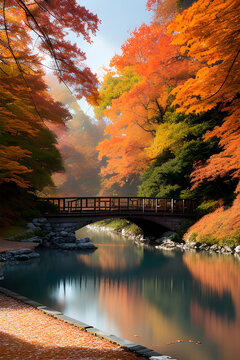 soft pale toned down rusty red bridge in the fall with colorful autumn foliage in pastel color