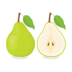 Vector illustration of set of colorful icons pear fruit, whole and cut on white background. Design for textiles, labels, posters, web elements. Green and yellow pear fruit in cartoon flat style