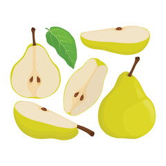 Vector illustration of set of colorful icons pear fruit, whole and cut on white background. Design for textiles, labels, posters, web elements. Green and yellow pear fruit in cartoon flat style