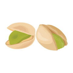 Vector illustration of pistachios in flat cartoon style. Roasted pistachios in shell. Natural organic food logo. Design element for nuts packaging, advertising, etc.
