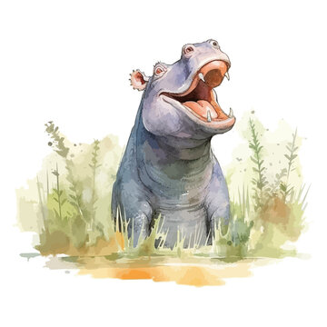 Roaring hippo cartoon in watercolor painting style