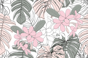 Seamless pattern vintage with frangipani flowers and monstera green leaf background.Vector illustration hand drawing. Fabric pattern print design.