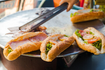 Sandwiches with salad, ham, bacon, egg, cheese, lettuce, tomatoes, tomato  sauce and onion on a big pan. Fresh salami sandwich at vang vieng. Image of healthy food.