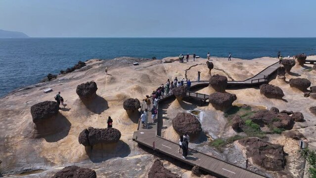 Tourists Walking Around Yehliu Geopark In Taiwan, Aerial View