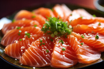 Fresh salmon sashimi, showcasing its vibrant color and exquisite texture, ready to delight sushi lovers. Generative AI.