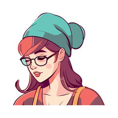 Cute girl in winter cap and eyeglasses smiling happily