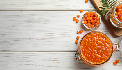 Delicious sea buckthorn jam and fresh berries on white wooden table, flat lay. Space for text