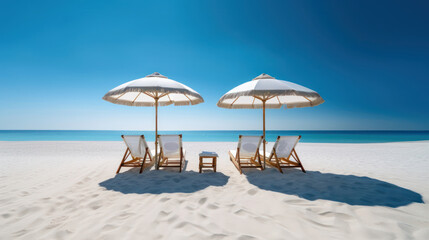 Beautiful beach banner. White sand chairs and umbrella