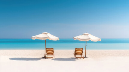 Obraz premium Beautiful beach banner. White sand chairs and umbrella