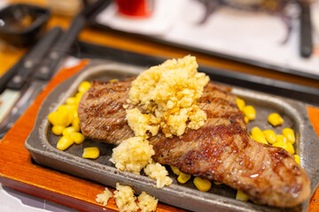 Pan grill beef steak serve on the table