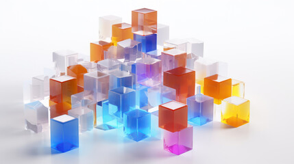 Colorful 3d glass cubes on white background.