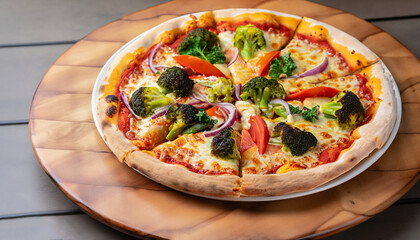 veg pizza is made with the combination of delicious vegetables like broccoli, onion, capsicum, carrot, mushroom and cauliflower along with tomatoes and pizza sauce are placed on wooden plate.