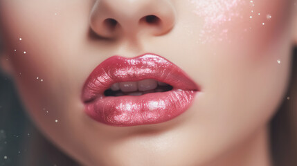 Plump passionate lips close-up. Sexy glossy lip makeup. Macro of female part of face. Beautiful makeup, pink lipstick