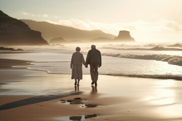 Tranquil Beach Stroll - Elderly Couple Holding Hands - Generative AI