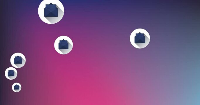 Animation of network of connections with email icons over gradient pink to blue background