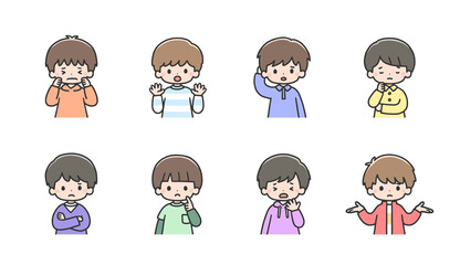 困った表情の男の子イラストセット　上半身