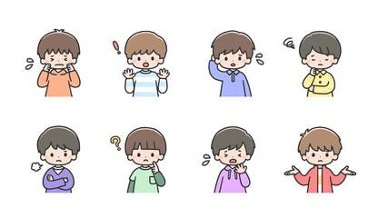 困った表情の男の子イラストセット　上半身