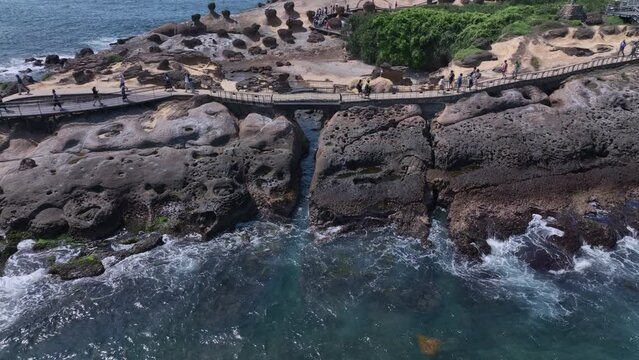 Tourists Walking Around Yehliu Geopark In Taiwan, Aerial View
