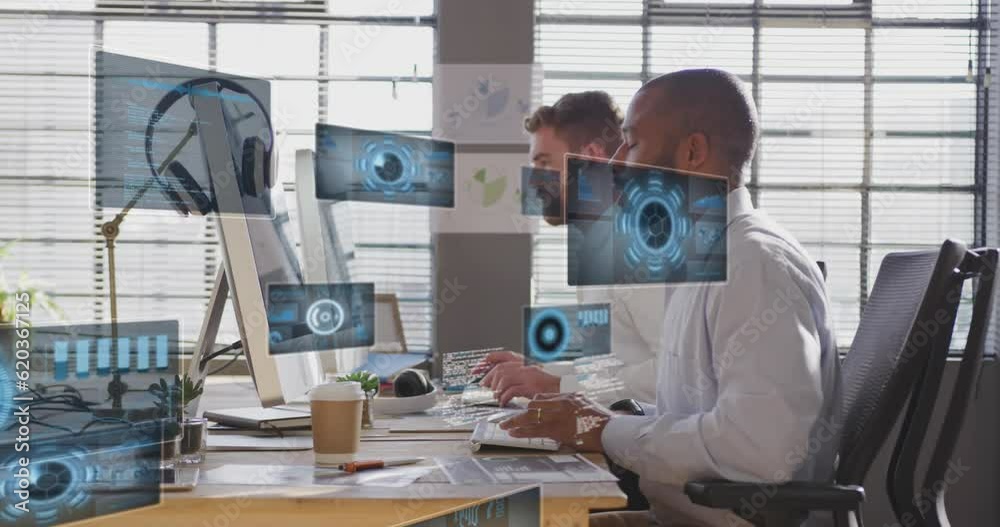 Poster animation of round scanners, data processing over two diverse men using computer working at office