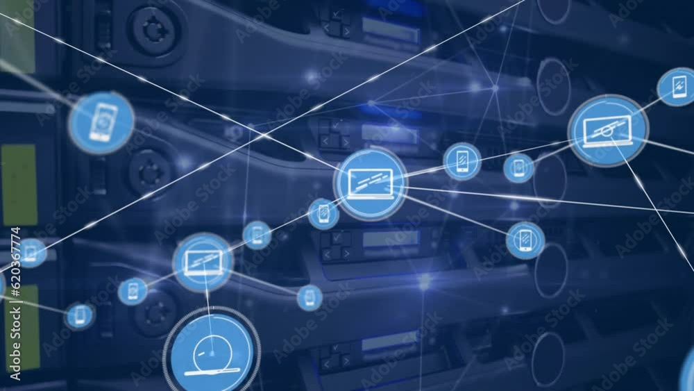 Canvas Prints Animation of network of connections and digital icons against close up of a computer server