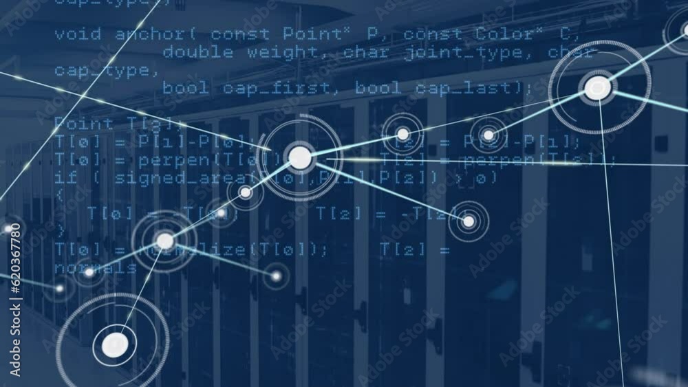 Poster animation of network of connections and data processing against computer server room