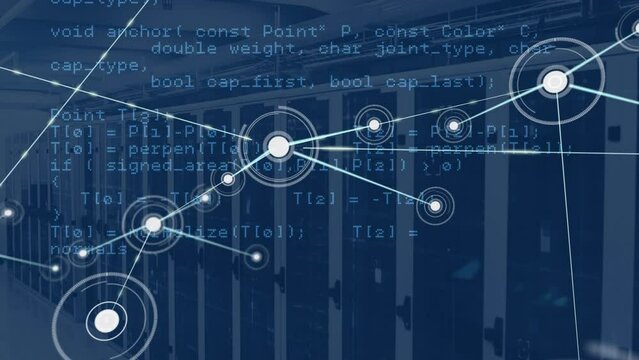 Animation of network of connections and data processing against computer server room