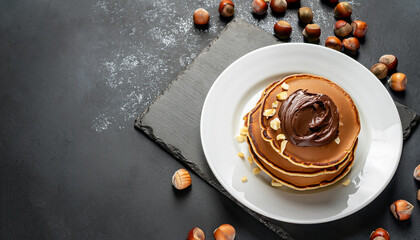 Pancakes with chocolate paste and hazelnuts, on a white plate on a background of concrete, slate with copy space for your text
