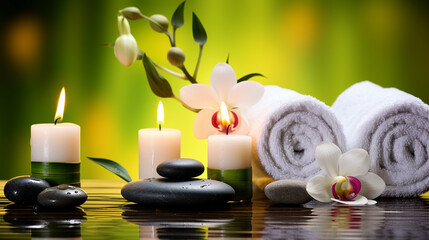 Obraz na płótnie Canvas Towel on fern with candles and black hot stone on wooden background. Hot stone massage setting lit by candles. Massage therapy for one person with candle light. Beauty spa treatment and relax concept.