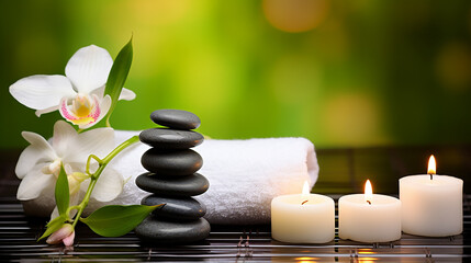 Towel on fern with candles and black hot stone on wooden background. Hot stone massage setting lit by candles. Massage therapy for one person with candle light. Beauty spa treatment and relax concept.