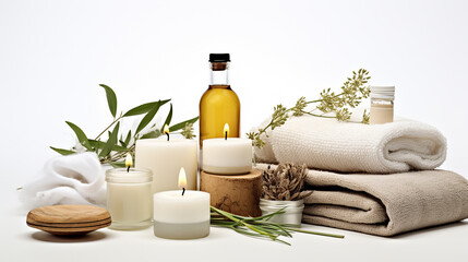 Fototapeta na wymiar Towel on fern with candles and black hot stone on wooden background. Hot stone massage setting lit by candles. Massage therapy for one person with candle light. Beauty spa treatment and relax concept.