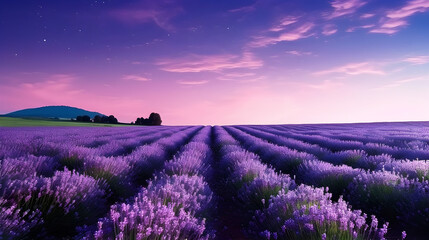 Naklejka na ściany i meble French lavender flowers field at sunset. AI generated