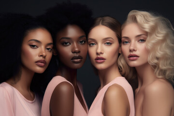 Obraz premium Inclusive Beauty: Diverse Women Embracing Beauty Glamour and Neutral Fashion Campaign Retouched Powerful Generative AI