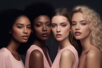 Obraz premium Inclusive Beauty: Diverse Women Embracing Beauty Glamour and Neutral Fashion Campaign Retouched Powerful Generative AI