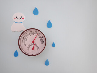 Naklejka premium 音湿度計とてるてる坊主に水滴、コピースペースあり