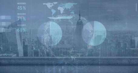 Animation of statistical data processing over spinning human brain icon against view of cityscape - Powered by Adobe