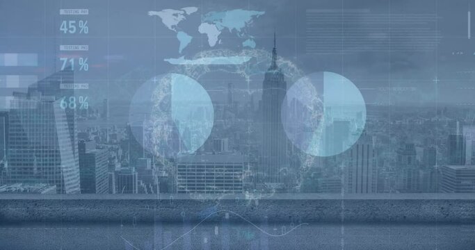 Animation of statistical data processing over spinning human brain icon against view of cityscape - Powered by Adobe