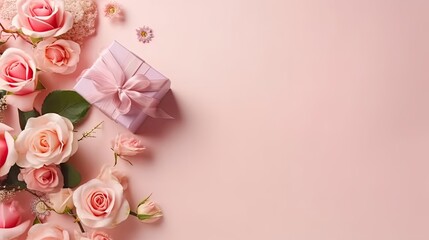 Obraz na płótnie Canvas a collection of Gift box and pink flowers on pink pastel background for Valentine day banner design