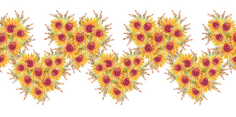 Seamless rim with watercolor heart bouquet autumn sunflower and leaves isolated on white background. Hand-drawn pattern border for sticker or textile. Wedding celebration or wrapping and wallpaper