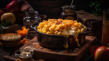 Closeup Macaroni cheese above a bowl with a blurred background