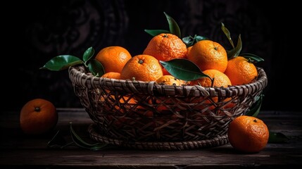 Closeup Fresh Mandarin in a bamboo basket with blurred background